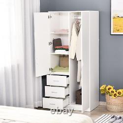 2-Door Wardrobe with Adjustable Shelf 3 Drawers Mirror Home Storage, 180cm, White