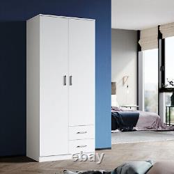2 Door White Wardrobe with 2 Drawer Hanging Rail Wooden Clothes Storage Cupboard