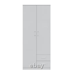 2 Door White Wardrobe with 2 Drawer Hanging Rail Wooden Clothes Storage Cupboard