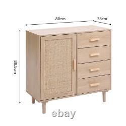 80cm Wood Sideboard Cabinet Cupboard Unit Rattan Storage Furniture With 4 Drawer