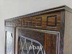 CABINET Oak Bookcase Display Cupboard Unit Leaded Glass Doors Shelves 2 Drawers