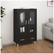 Display Cabinet With Glass Doors Black Wooden Cupboard With Shelves And Drawer