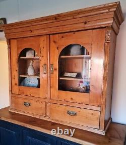 Early Victorian Pine Glazed Wall Cupboard or Dresser Top with 2 Deep Drawers