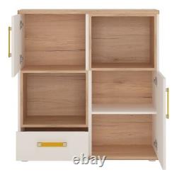 Kids 2 Open Shelves Cupboard with 2 Door 1 Drawer in Light Oak & White High Glos