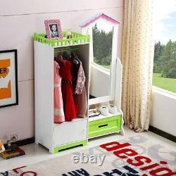 Kids Wooden Wardrobe Clothes Hanging Drawer Toy Storage Shelf Cabinet Furniture
