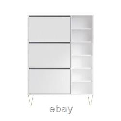 Shoe Rack Storage Cabinet 3 Drawers Open Shelves Wood and Metal Cupboard White