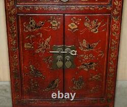 Vintage Chinese Hand Painted Lacquered Side Table Sized Cupboard With Drawer