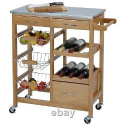 Wooden Metal Kitchen Serving Trolley Storage Cupboard Drawers Drink Rack Cart