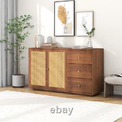 Wooden Rattan Sideboard Buffet Storage Cabinet Cupboard with 2 Doors 3 Drawers BS