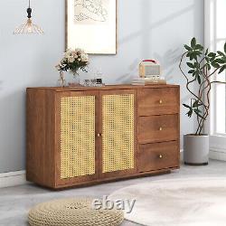Wooden Rattan Sideboard Buffet Storage Cabinet Cupboard with 2 Doors 3 Drawers MW