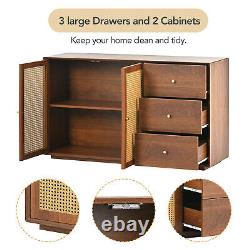 Wooden Rattan Sideboard Buffet Storage Cabinet Cupboard with 2 Doors 3 Drawers ZE