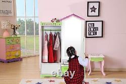 Wooden Wardrobe Closet with Mirror Drawer Storage Shelves Kids Bedroom Furniture